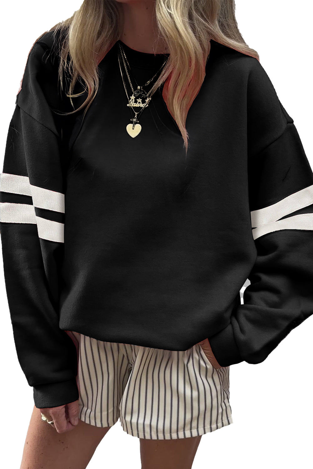 Evergreen Preppy Striped Sleeve Loose Sweatshirt