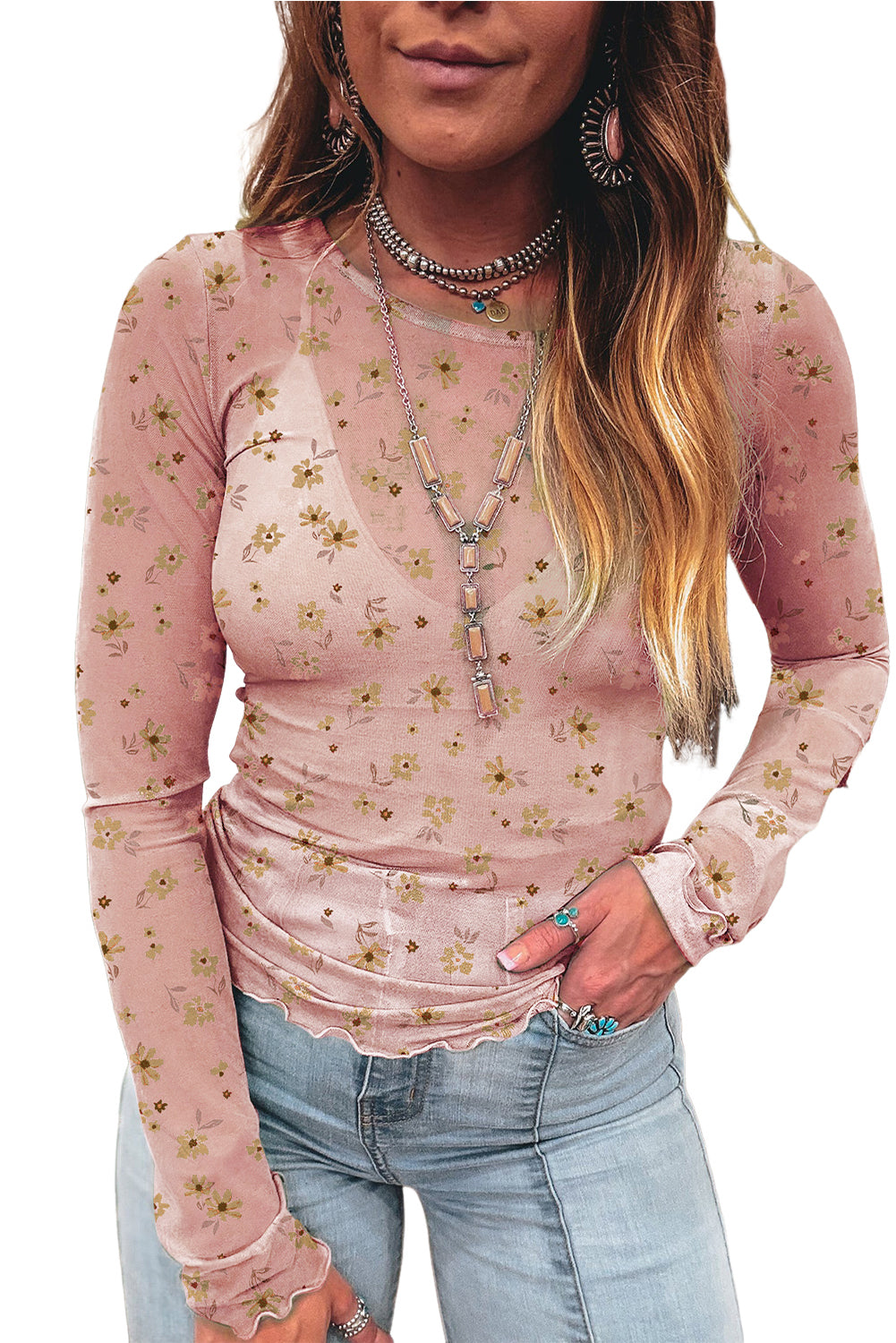 Laurel Green Floral Print Mesh Slim Fit Long Sleeve Top