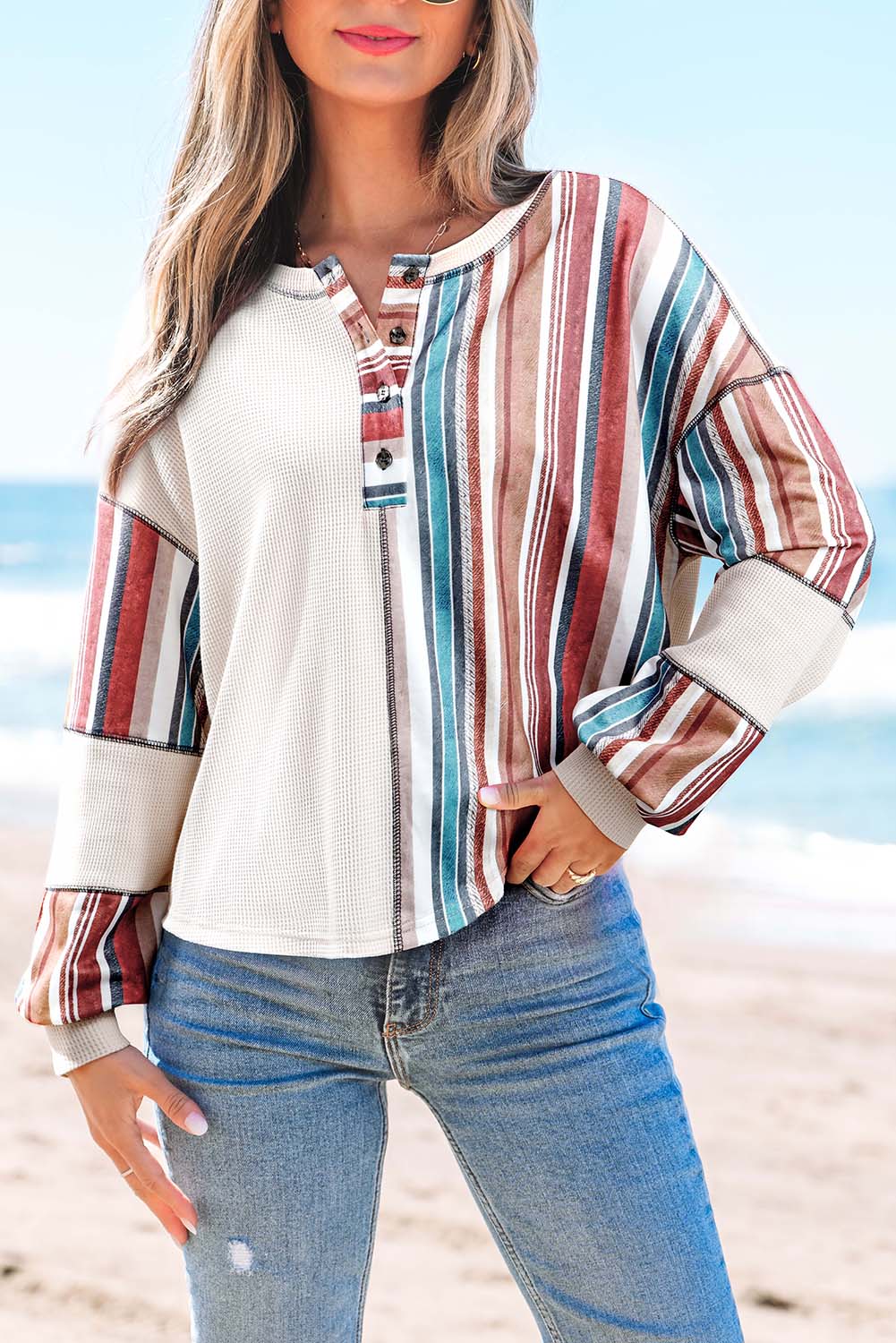 Beige Striped Waffle Patchwork Exposed Seam Raw Hem Knit Top