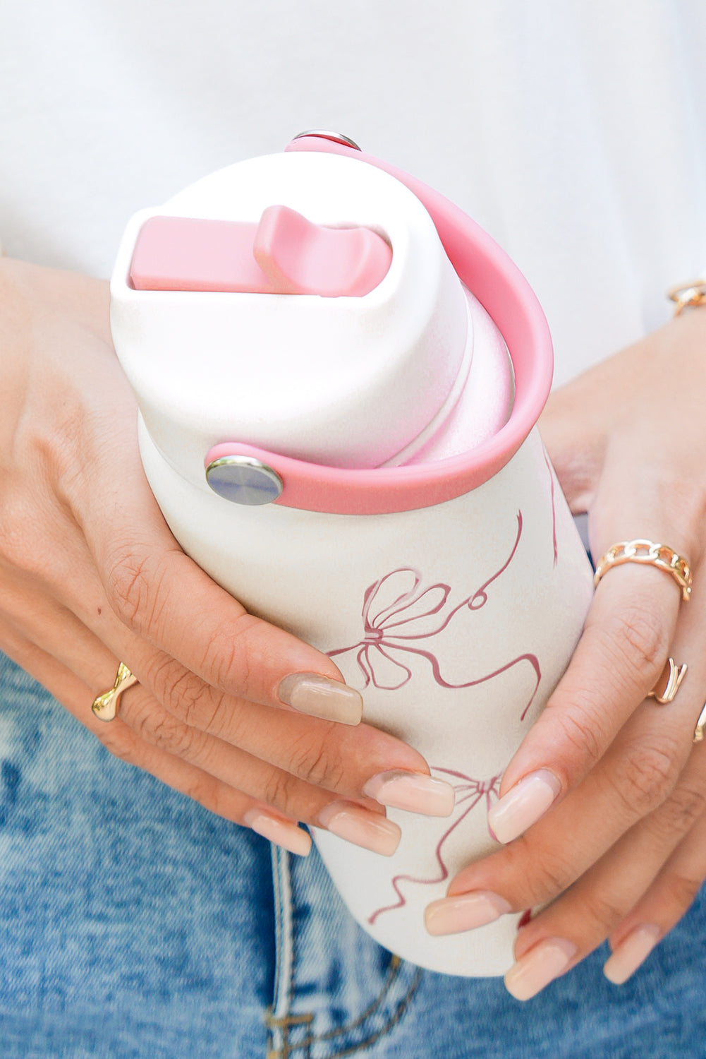 White Bowknot Print Insulated Water Bottle