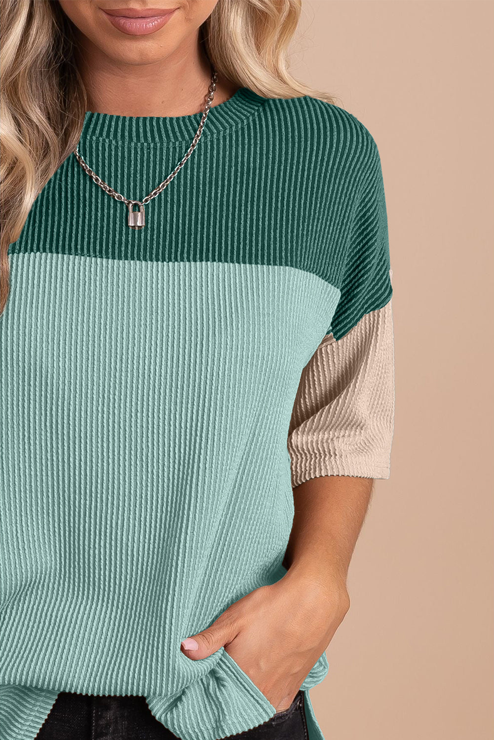 Black Color Block Ribbed Side Slits Half Sleeve Top