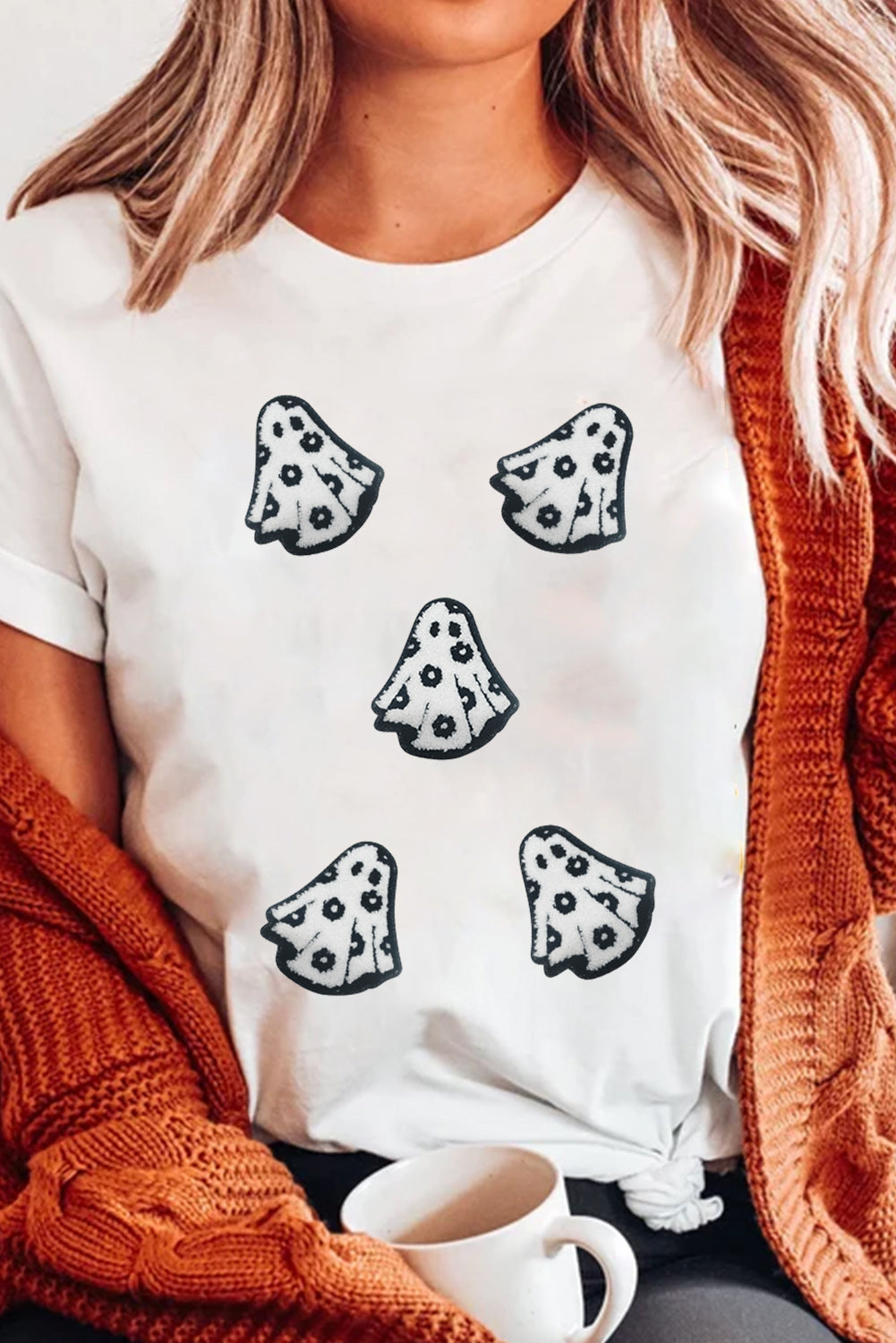 Black Halloween Playful Ghost Patched Cotton Blend T Shirt