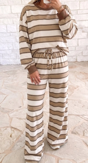 Pre-Order Khaki Stripe Contrast Trim Patchwork Casual Two-Piece Pants Set
