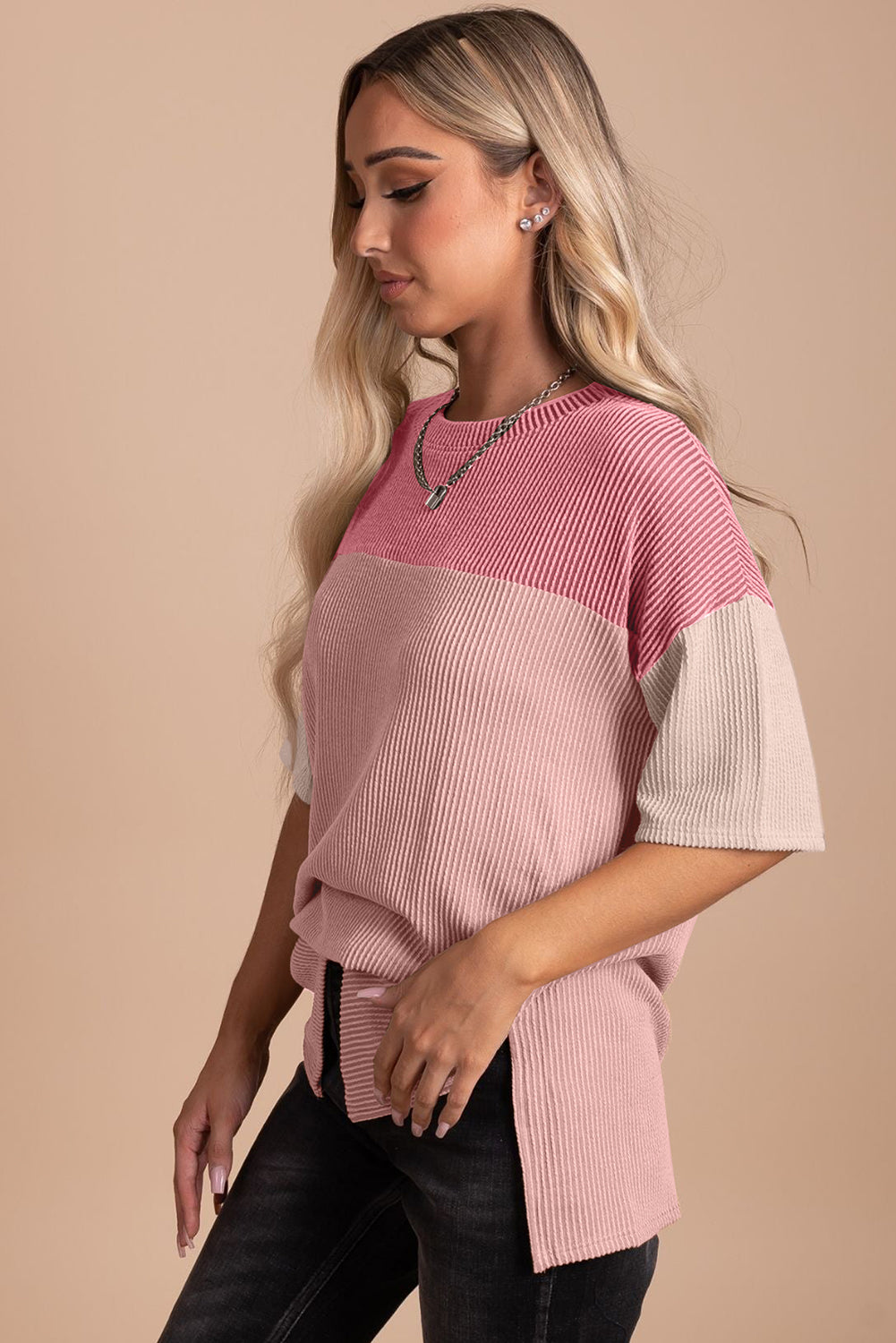 Black Color Block Ribbed Side Slits Half Sleeve Top
