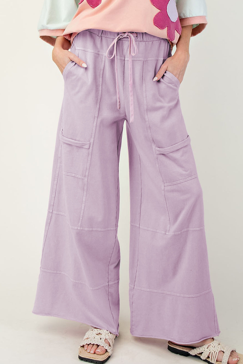 Mint Green Mineral Wash Exposed Seam Wide Leg Cargo Pants