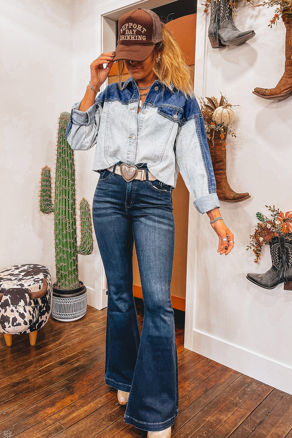 Dusk Blue Patchwork Flap Detail Distress Denim Jacket