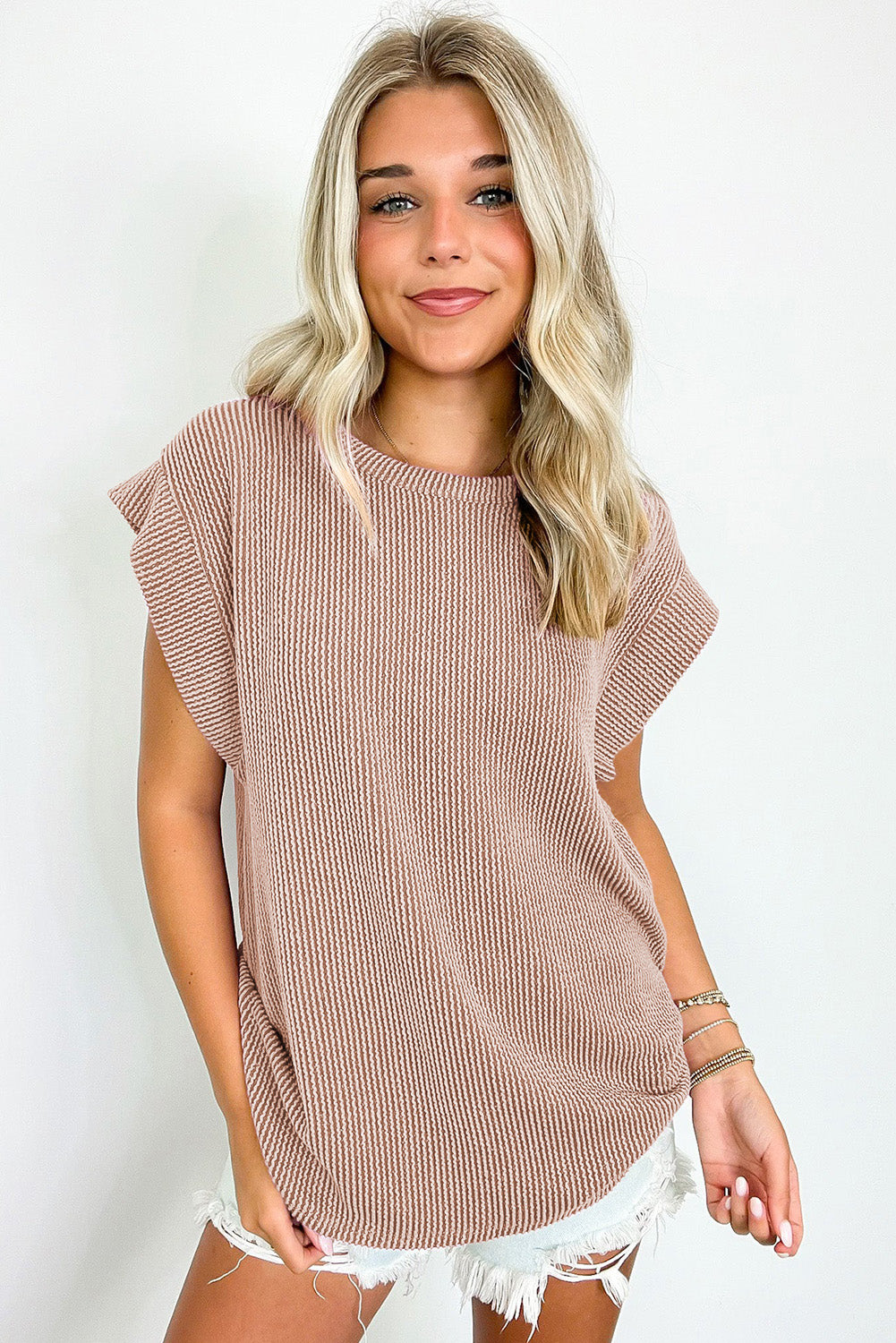 Gray Twisted Ribbed Textured Plain T Shirt