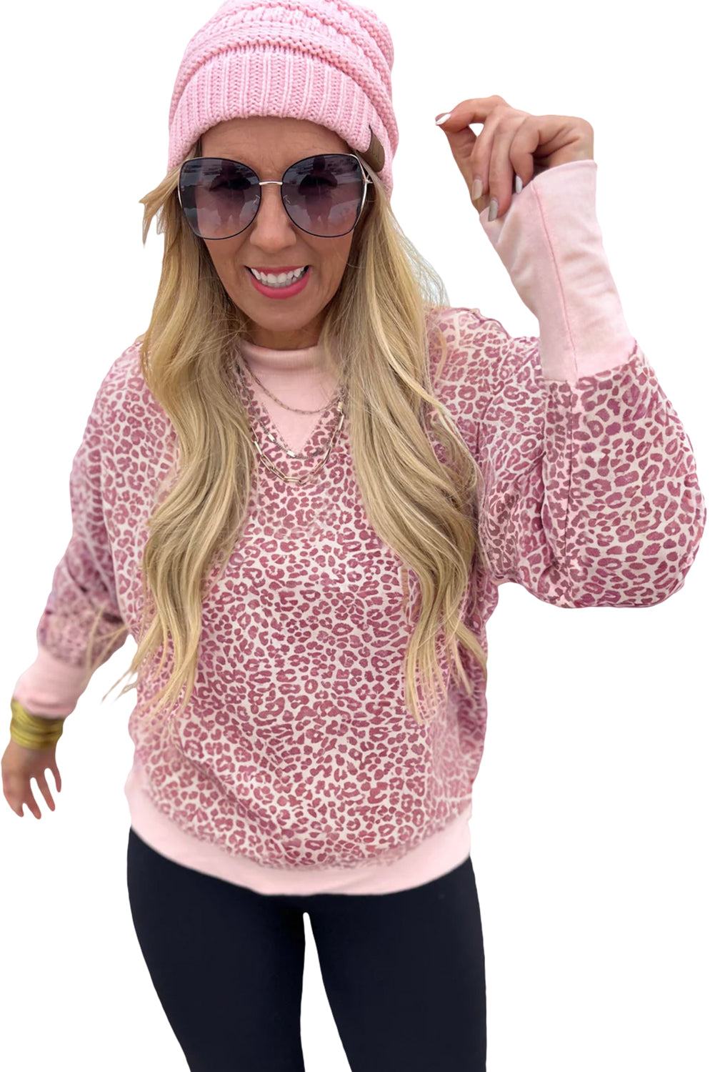 Khaki Leopard Print Patchwork Crew Neck Sweatshirt