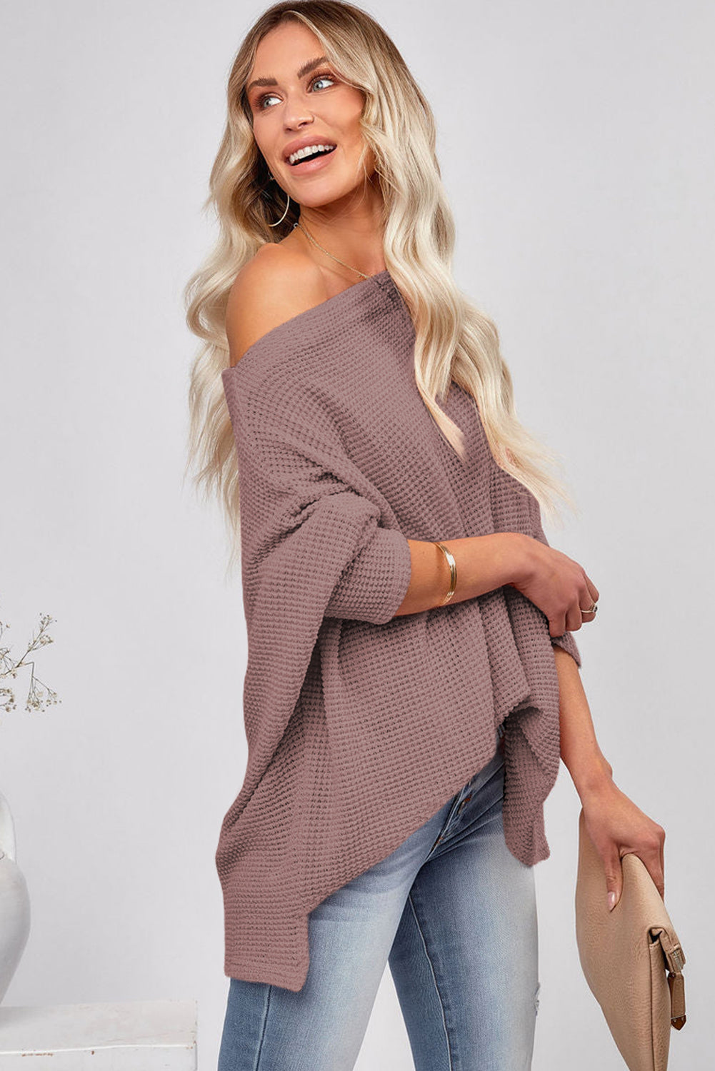 Black Waffle One Shoulder Long Sleeve Knit Top