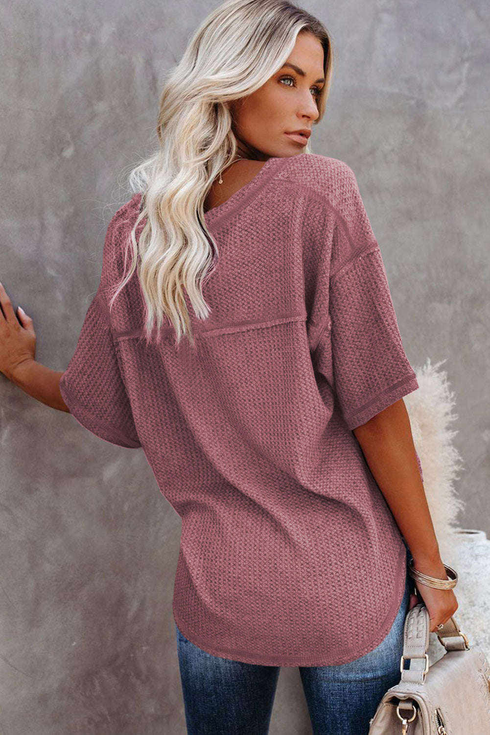 Black Exposed Seam Drop Sleeve V Neck Waffle Textured Top
