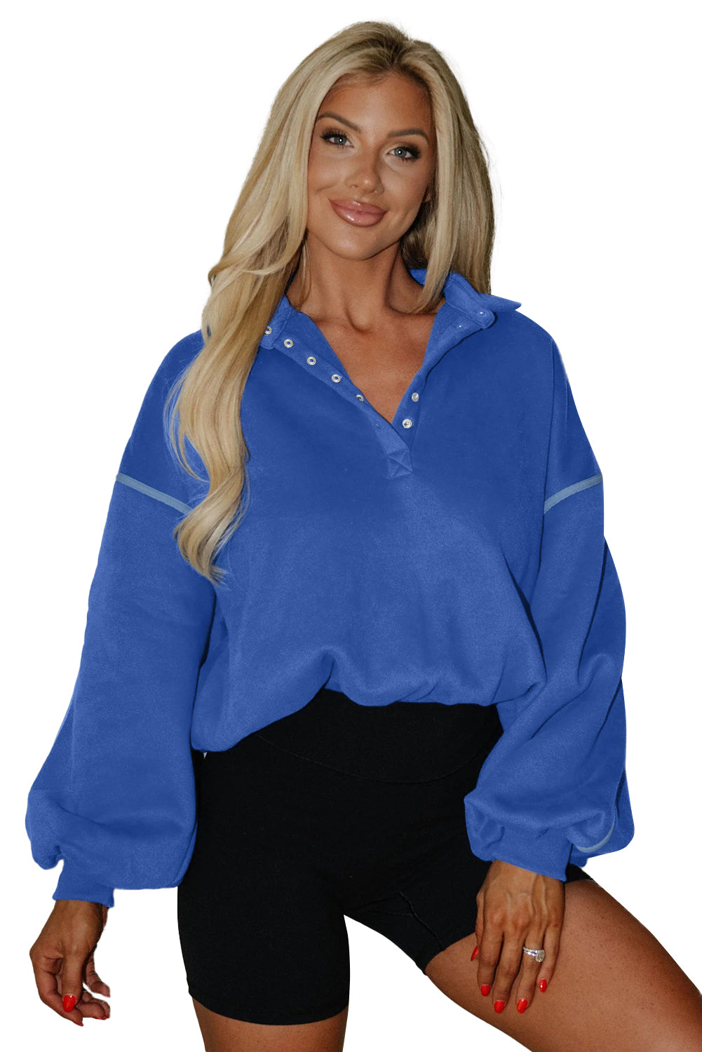 Sky Blue Button-up Collared Exposed Seam Chic Sweatshirt