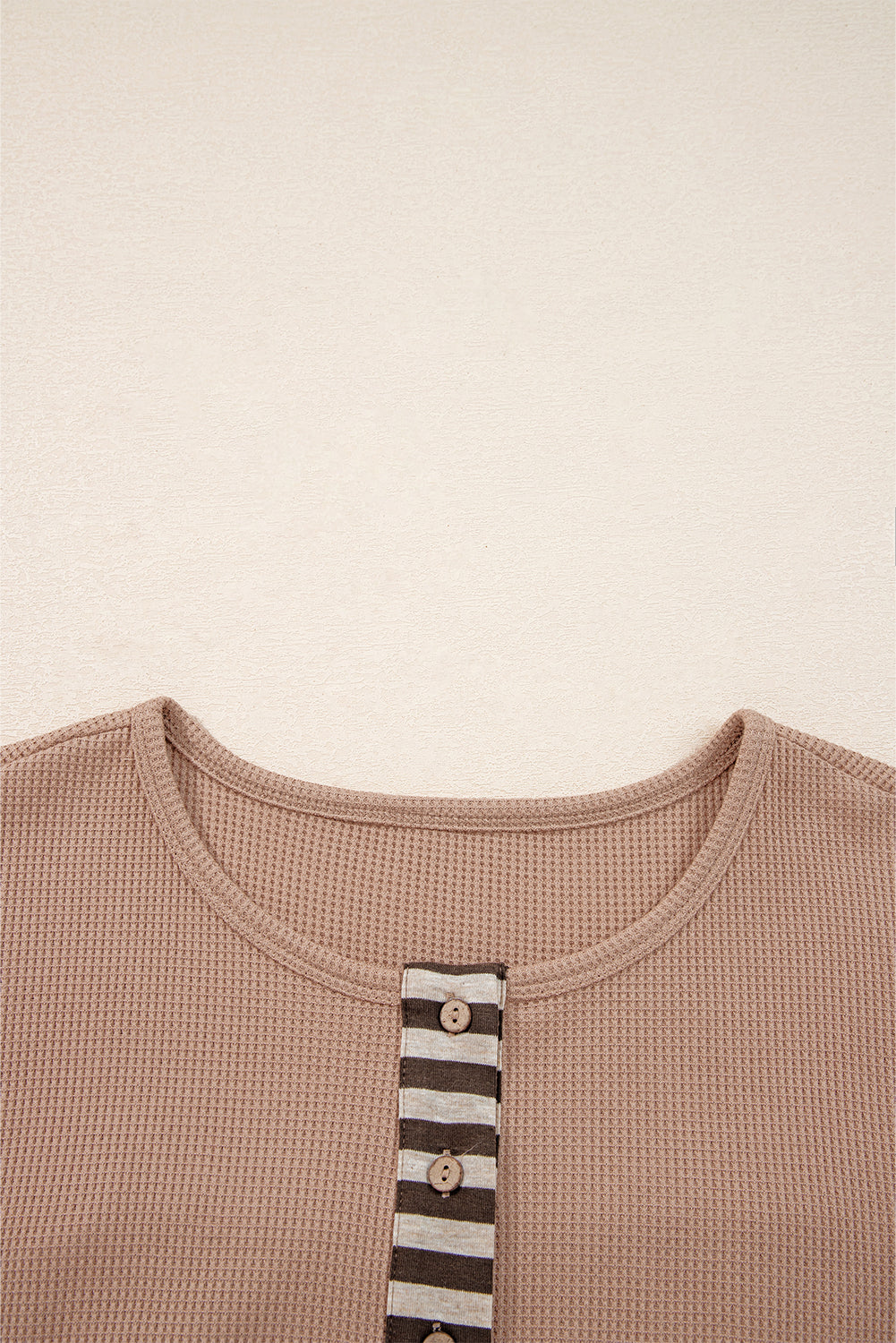 Straw Yellow Waffle Stripe Plaid Patchwork Henley Top