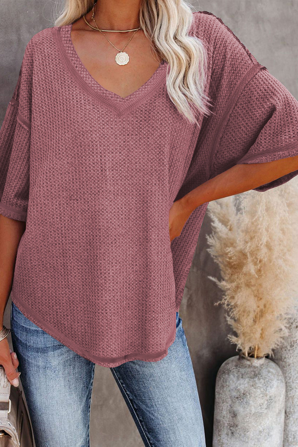 Black Exposed Seam Drop Sleeve V Neck Waffle Textured Top