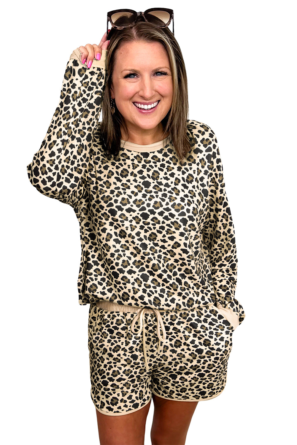 Brown Leopard Print Contrast Trim Two Piece Shorts Set