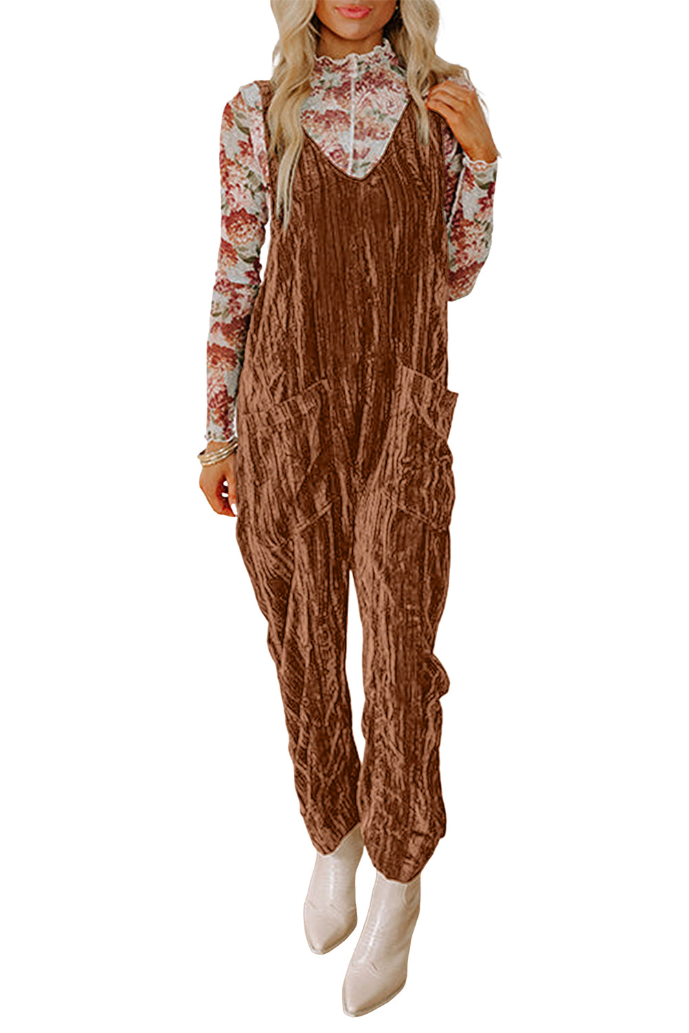 Chicory Coffee Velvet Adjustable Straps Patched Pocket Sleeveless Jumpsuit