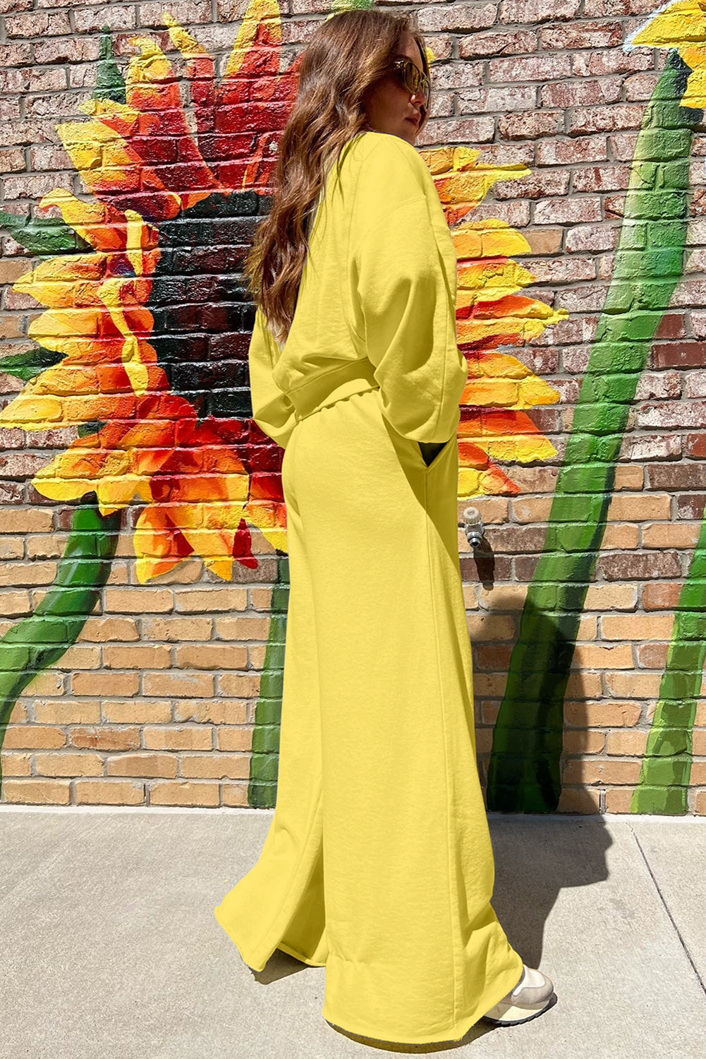 Bright Green Drop Shoulder Crop Pullover Drawstring Wide Leg Pants Set