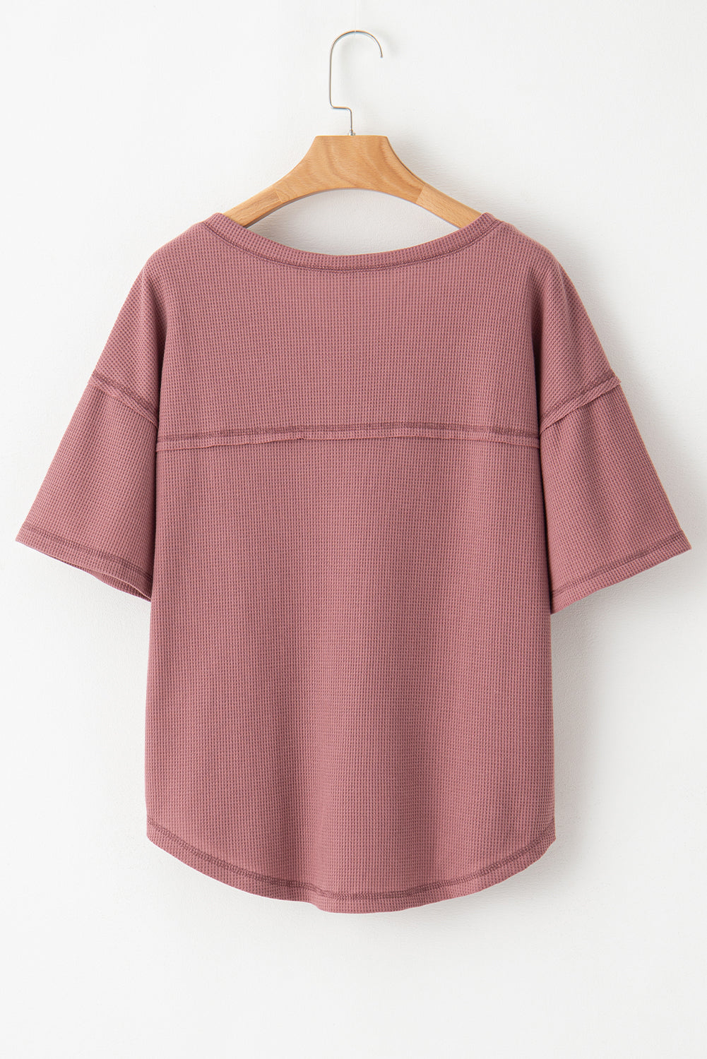 Black Exposed Seam Drop Sleeve V Neck Waffle Textured Top