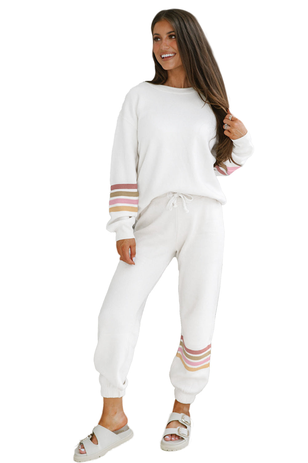Beige Striped Drop Shoulder Pullover and Jogger Pants Active Outfit