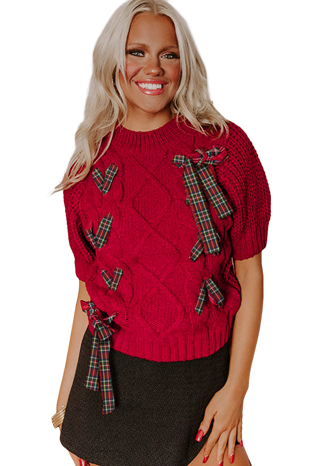 Black Plaid Lace-up Detail Christmas Holiday Puff Short Sleeve Sweater
