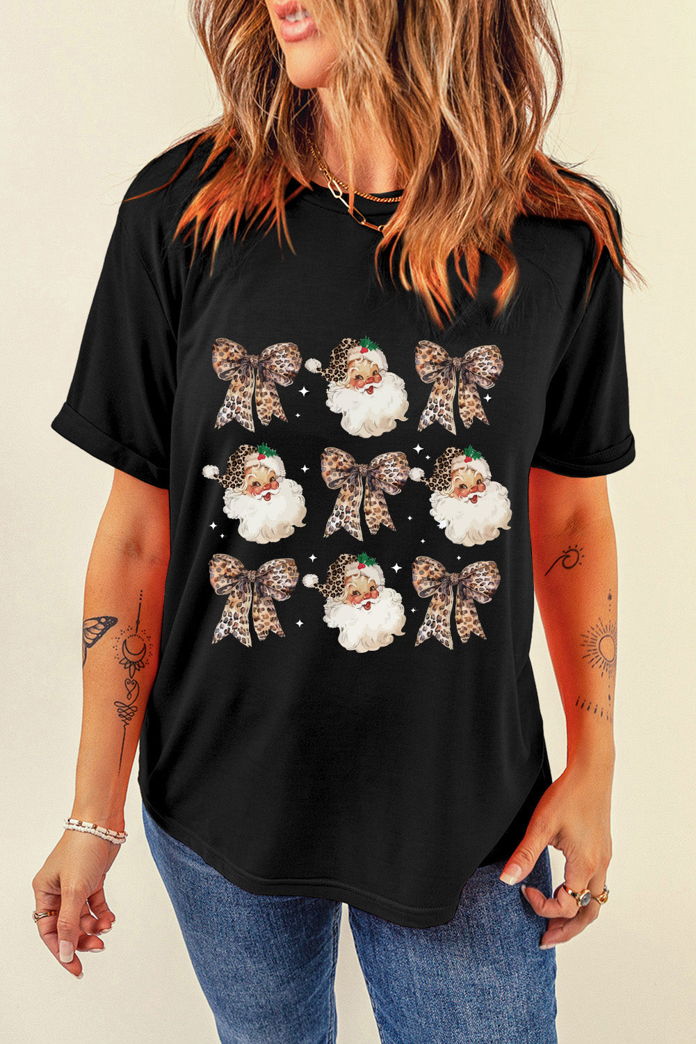 White Santa Claus Leopard Bow Heat Transfer Printing Crew Neck Graphic T Shirt