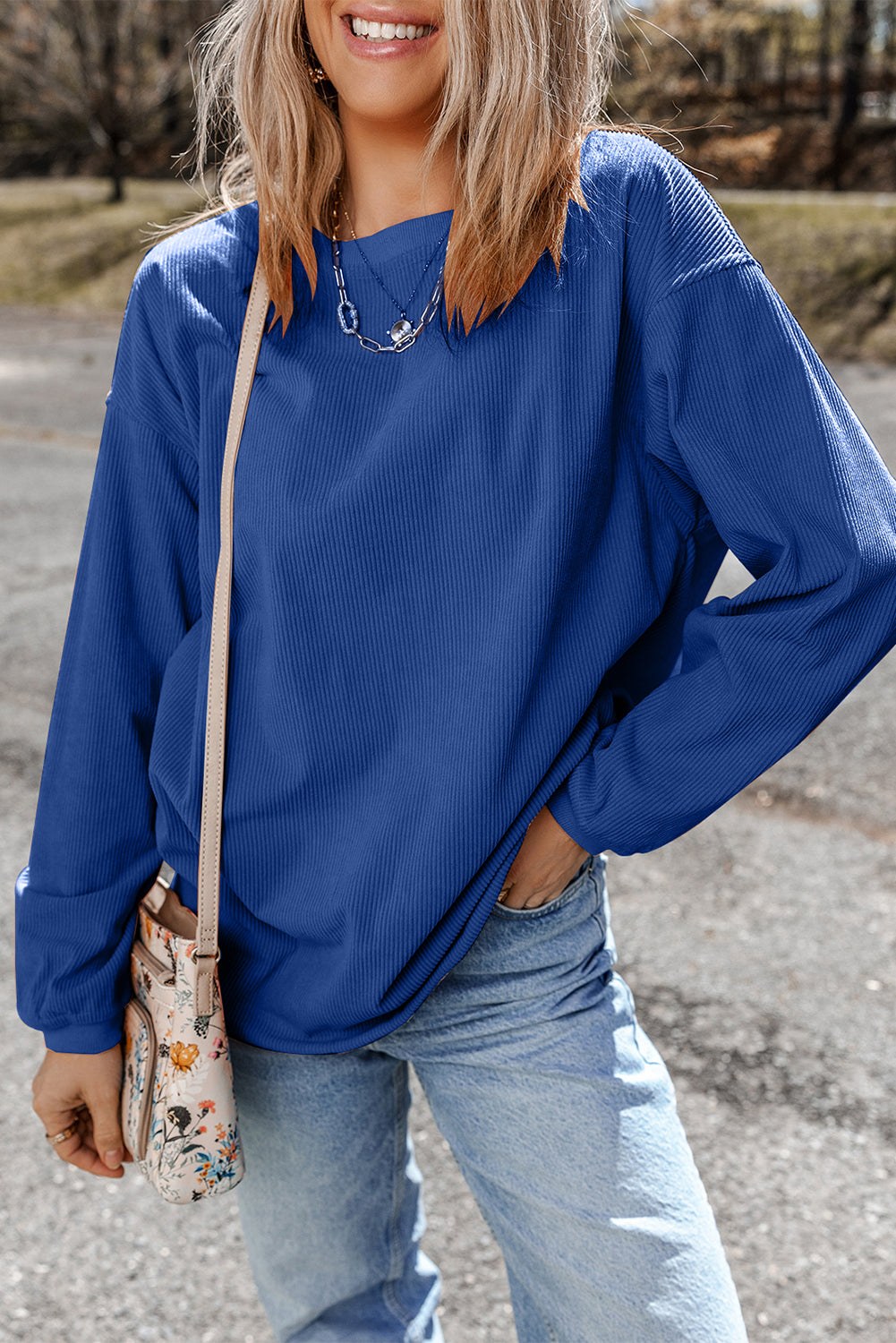 Dark Grey Drop Sleeve Rib Knit Oversized Sweatshirt
