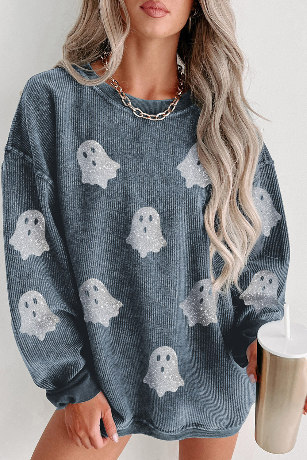 Pink Halloween Ghost Corded Crew Neck Loose Sweatshirt