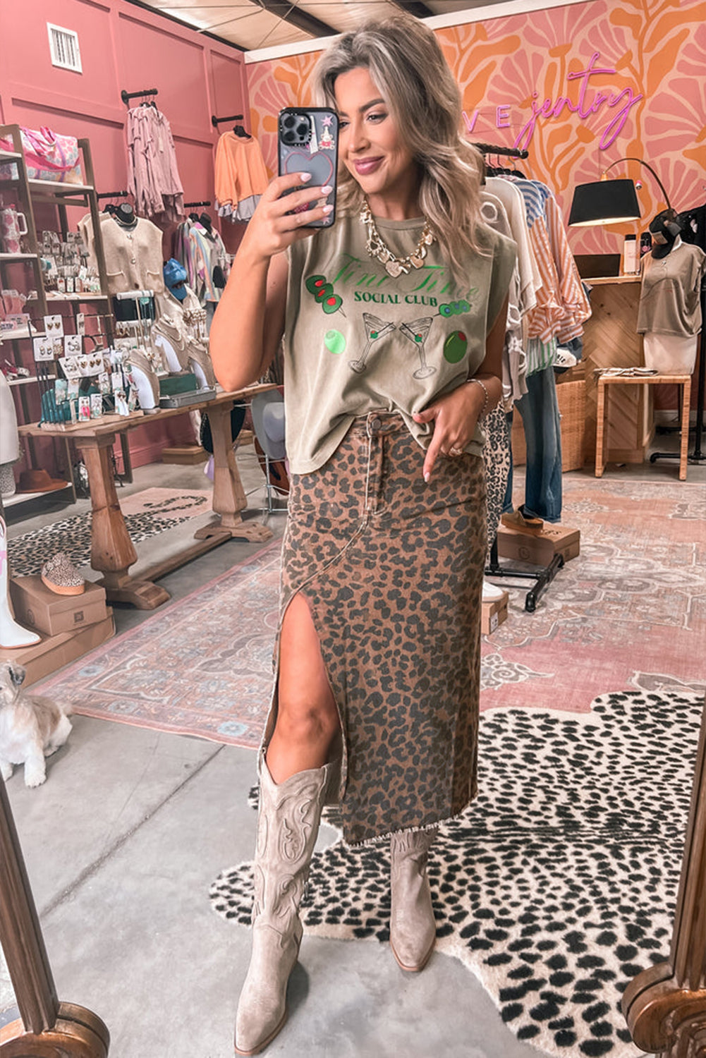 Brown Leopard Frayed Split Denim Midi Skirt