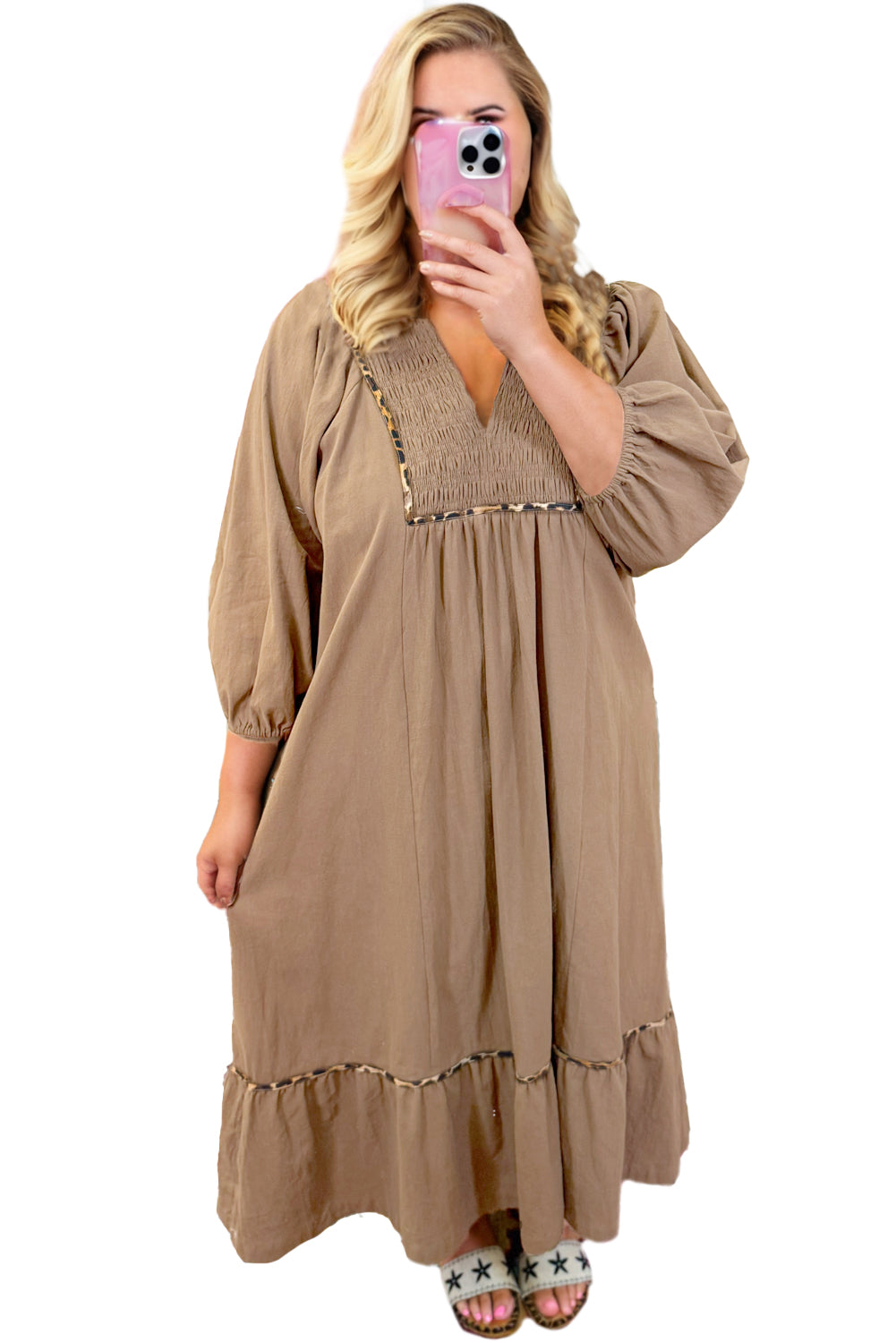 Chestnut Smocked V Neckline Leopard Piping Accent Plus Size Dress