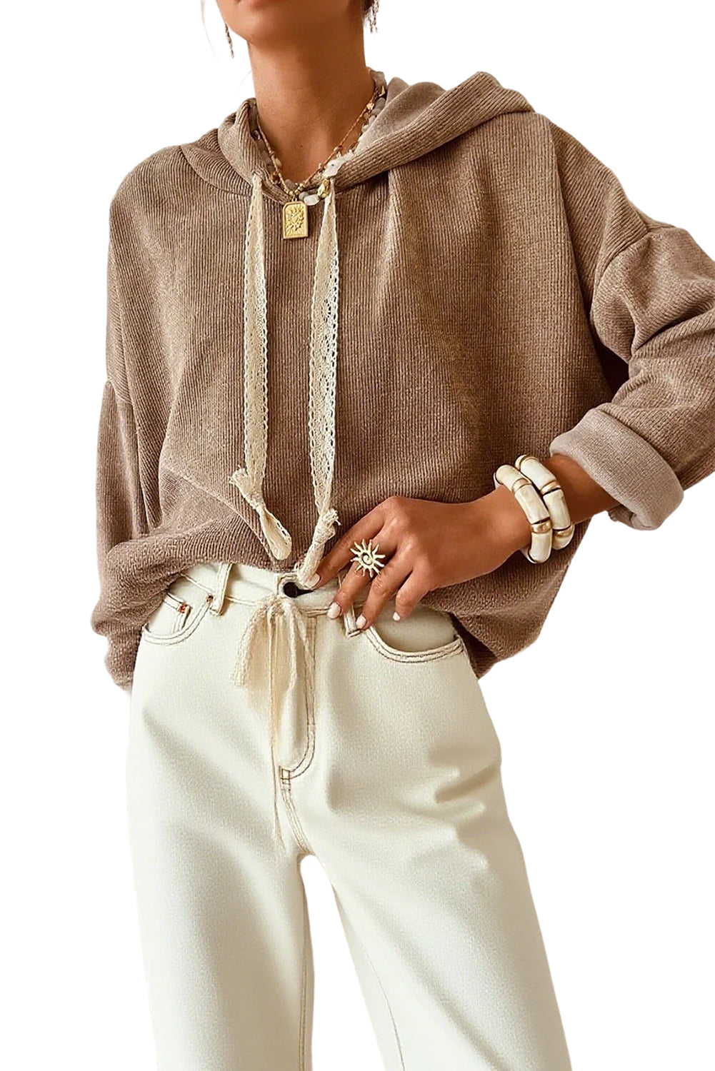 Parchment Thermal Textured Leopard Drawstring Baggy Hoodie