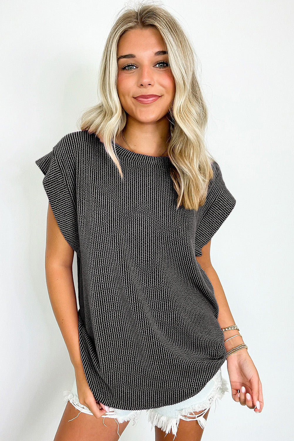 Gray Twisted Ribbed Textured Plain T Shirt
