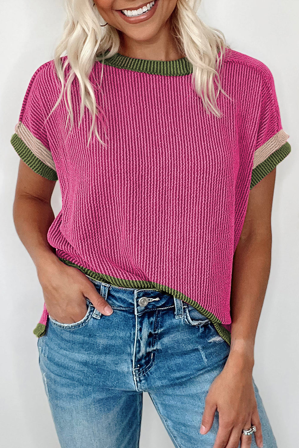 Sky Blue Textured Colorblock Round Neck T Shirt