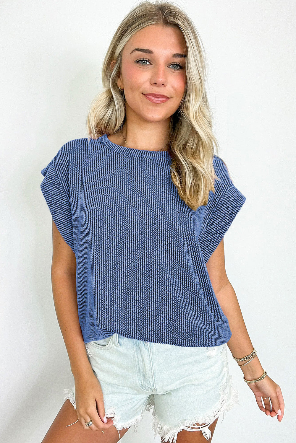 Gray Twisted Ribbed Textured Plain T Shirt
