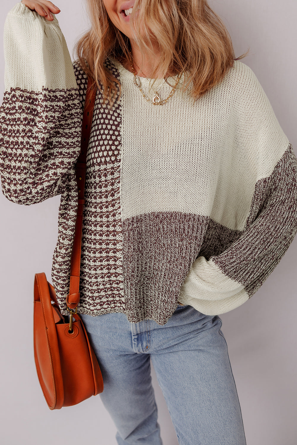 Dark Khaki Colorblock Back Tie Drop Shoulder Loose Sweater