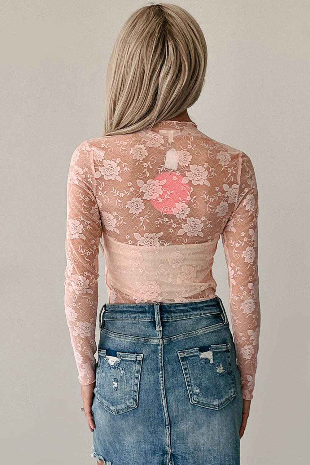Black Mock Neck Floral Lace Mesh Long Sleeve Top