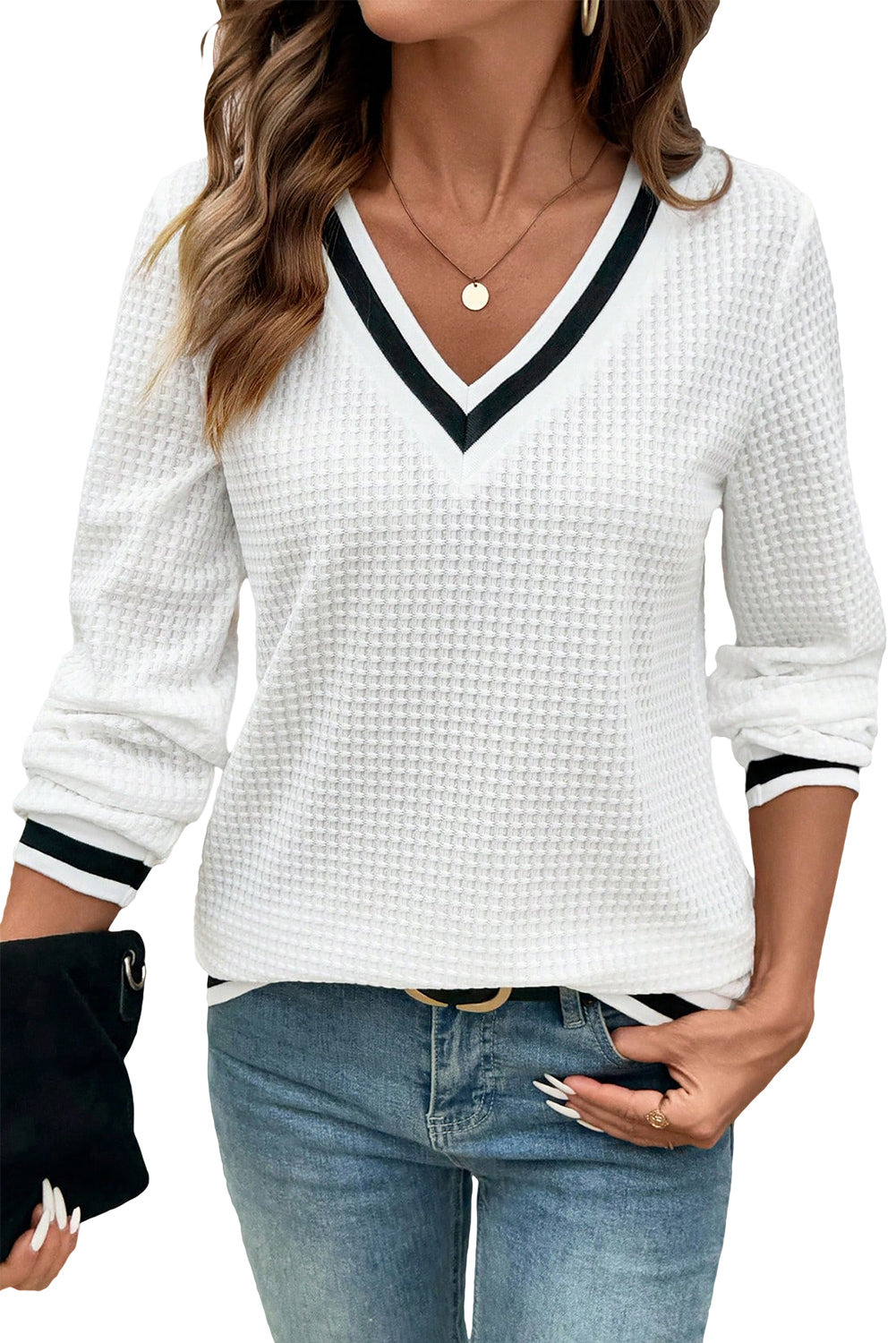 White Textured Knit Preppy Striped Trim V Neck Pullover Waffle Top