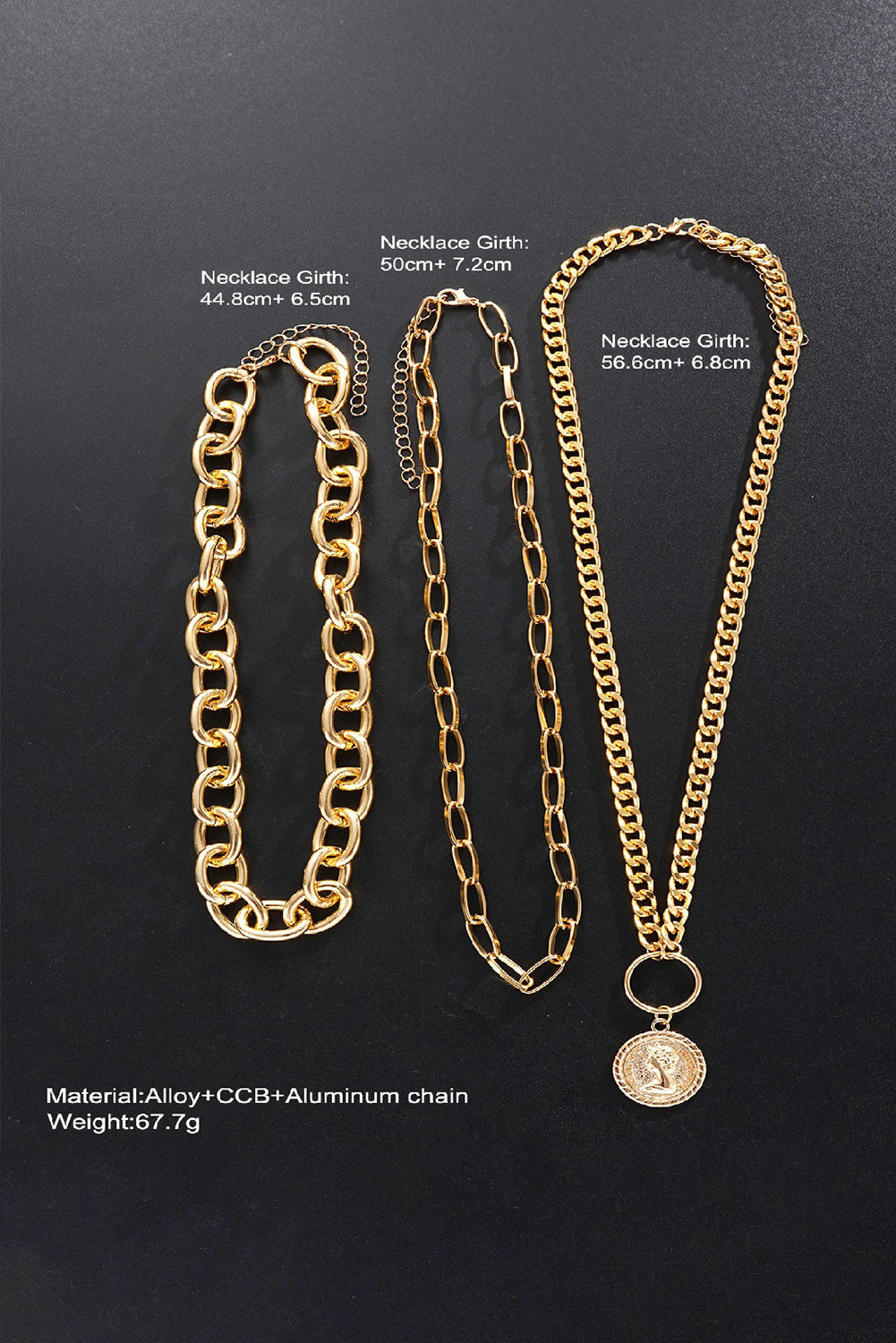 Gold 3pcs Coin Pendant Chain Alloy Necklace Set