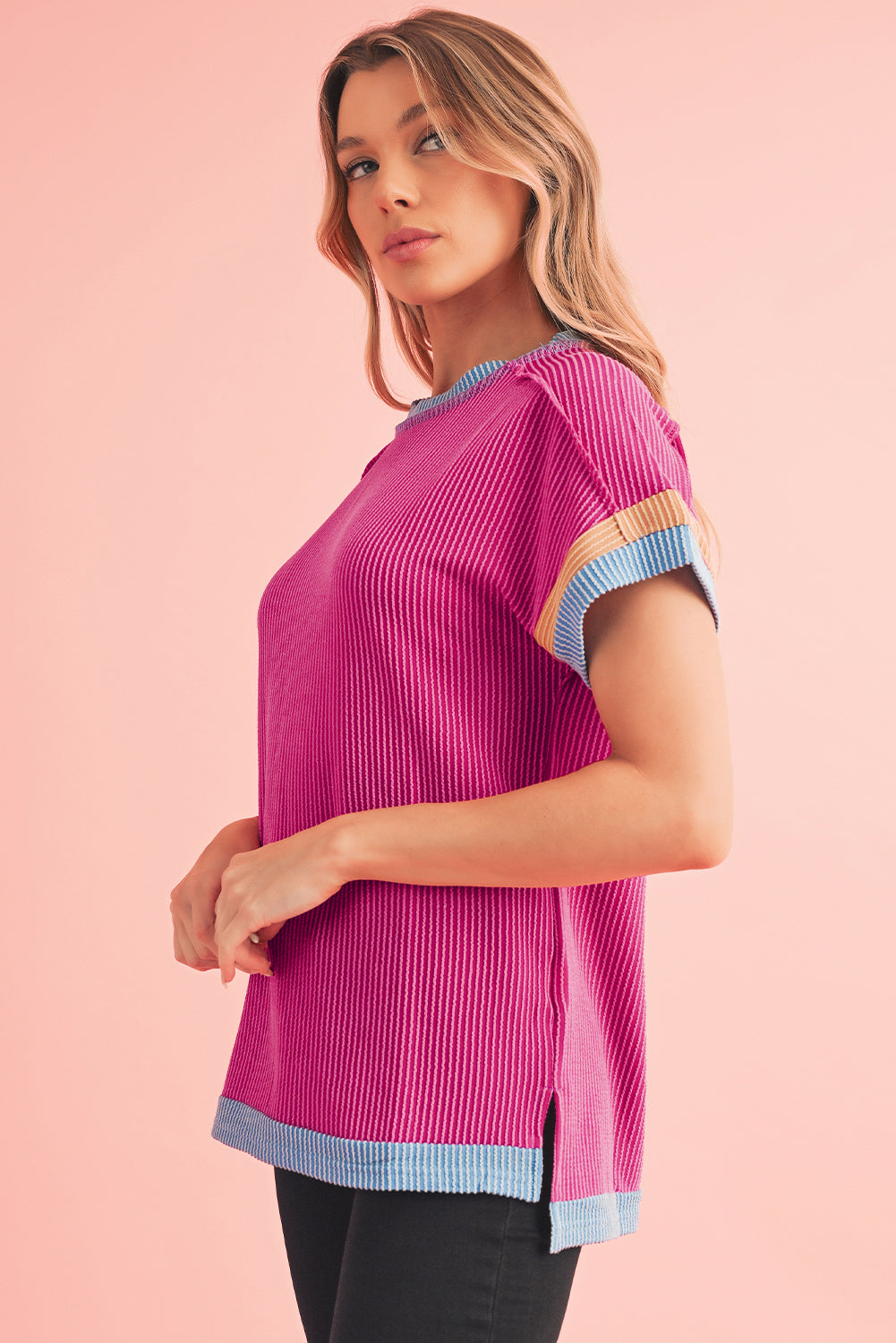 Sky Blue Textured Colorblock Round Neck T Shirt