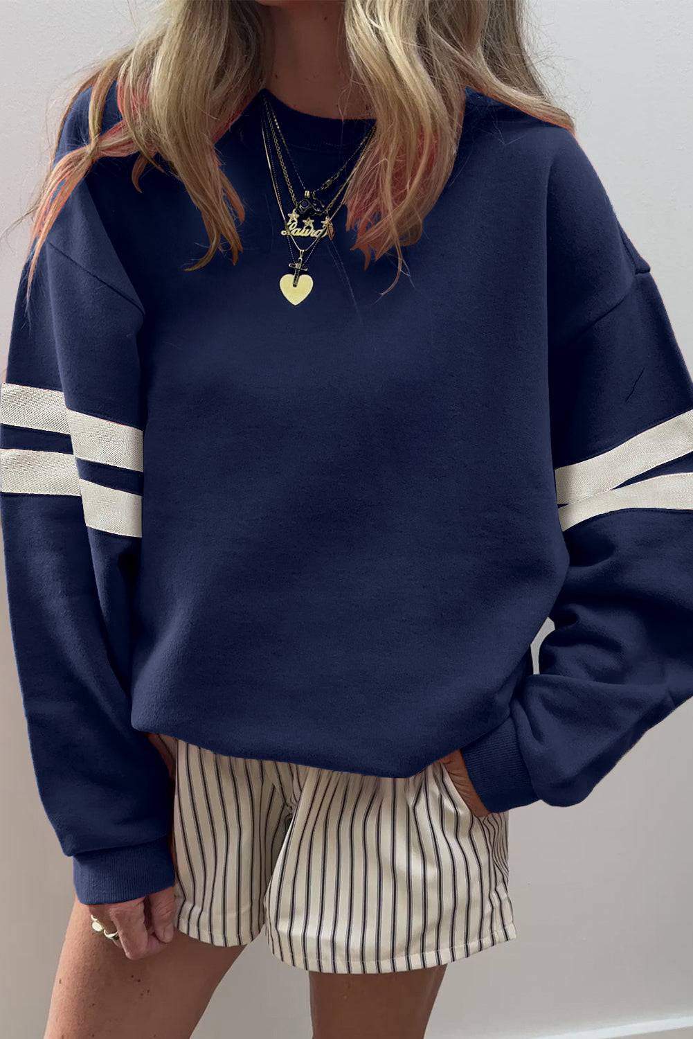 Evergreen Preppy Striped Sleeve Loose Sweatshirt