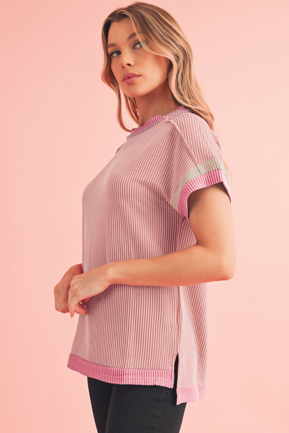 Sky Blue Textured Colorblock Round Neck T Shirt