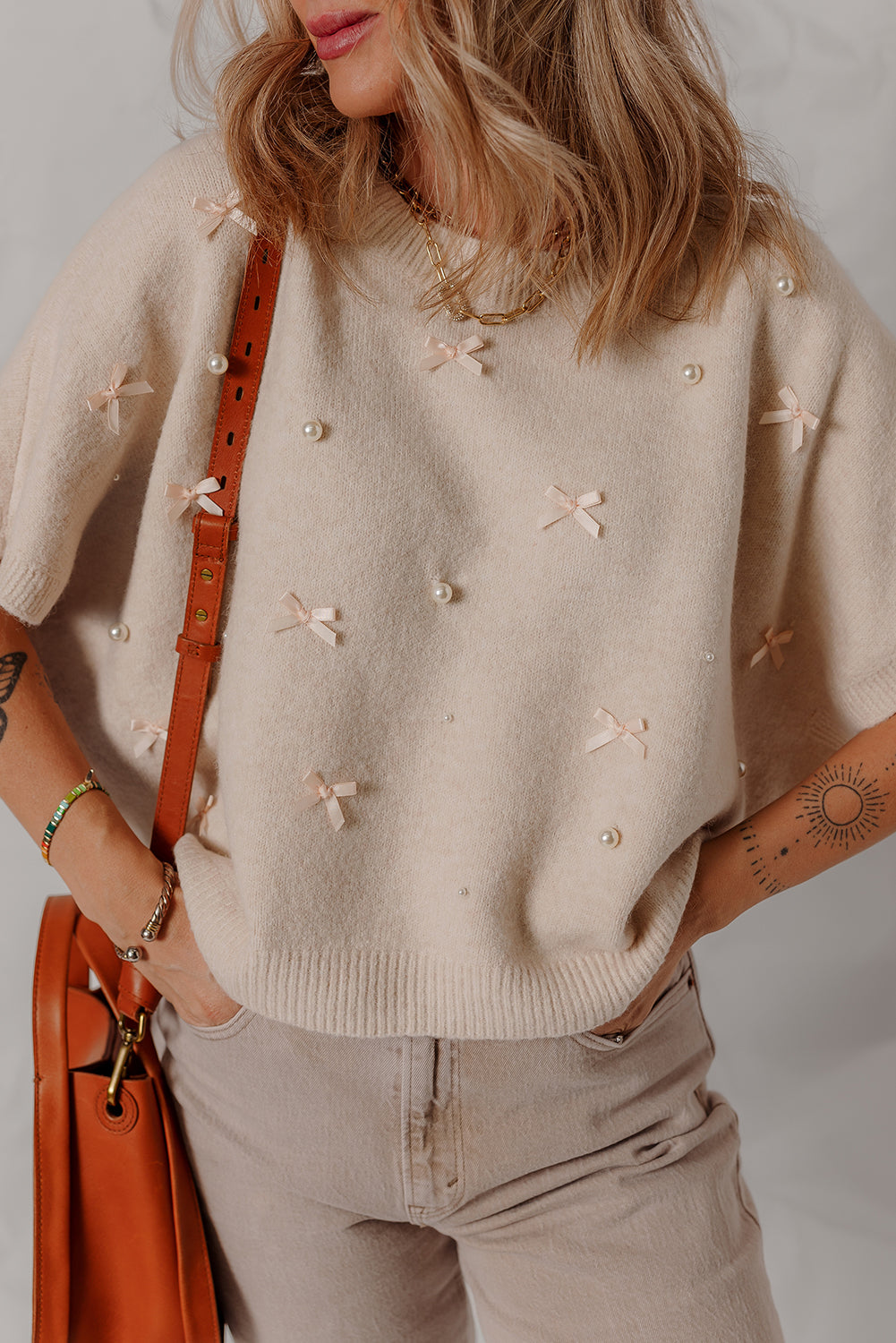 Oatmeal Pearl Bow Embellished Dolman Short Sleeve Sweater