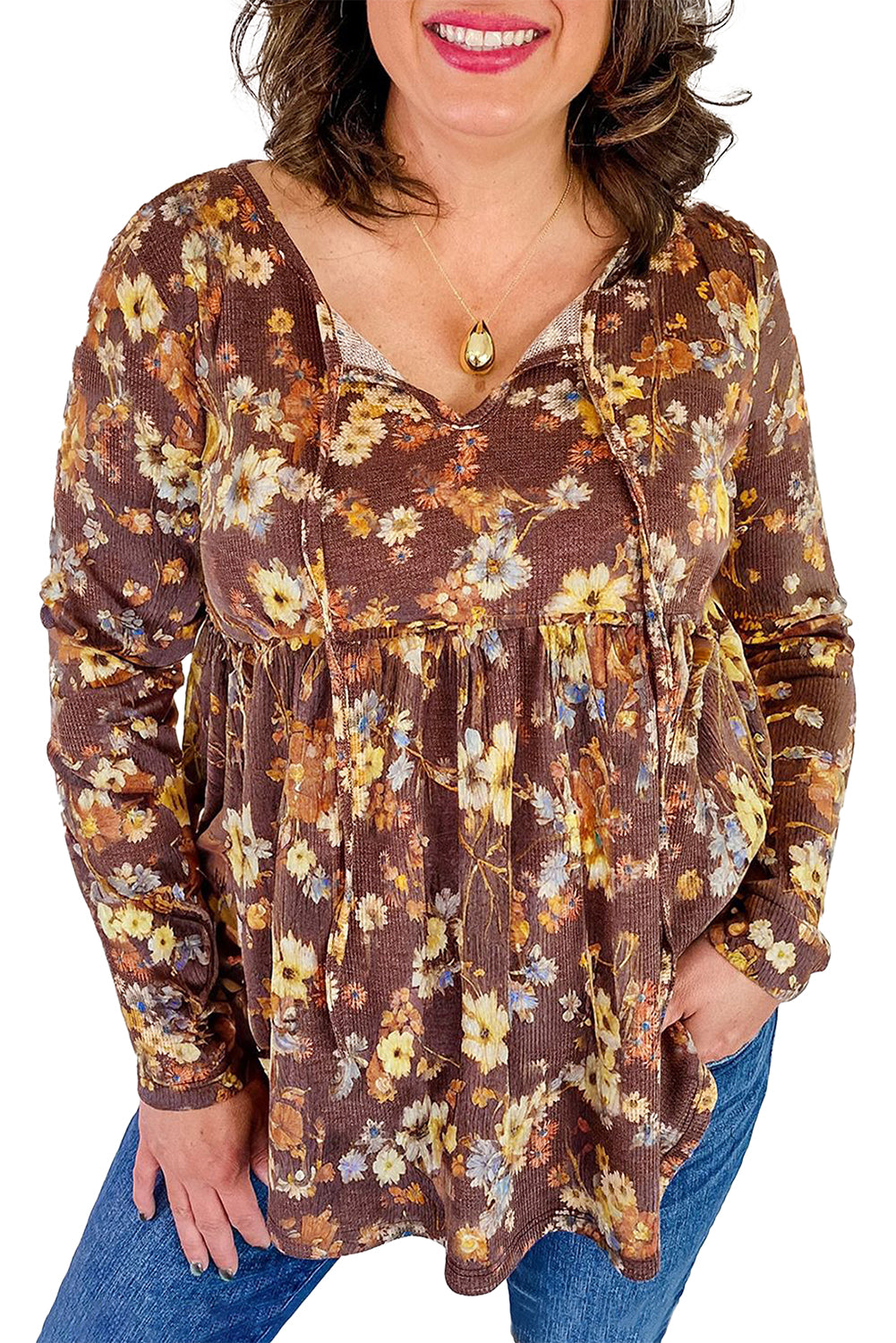 Khaki Floral Textured Long Sleeve Tie Neck Plus Size Babydoll Blouse