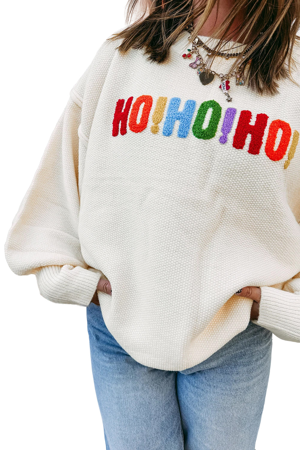 White HOHOHO MERRY CHRISTMAS Chenille Letter Graphic Holiday Sweater