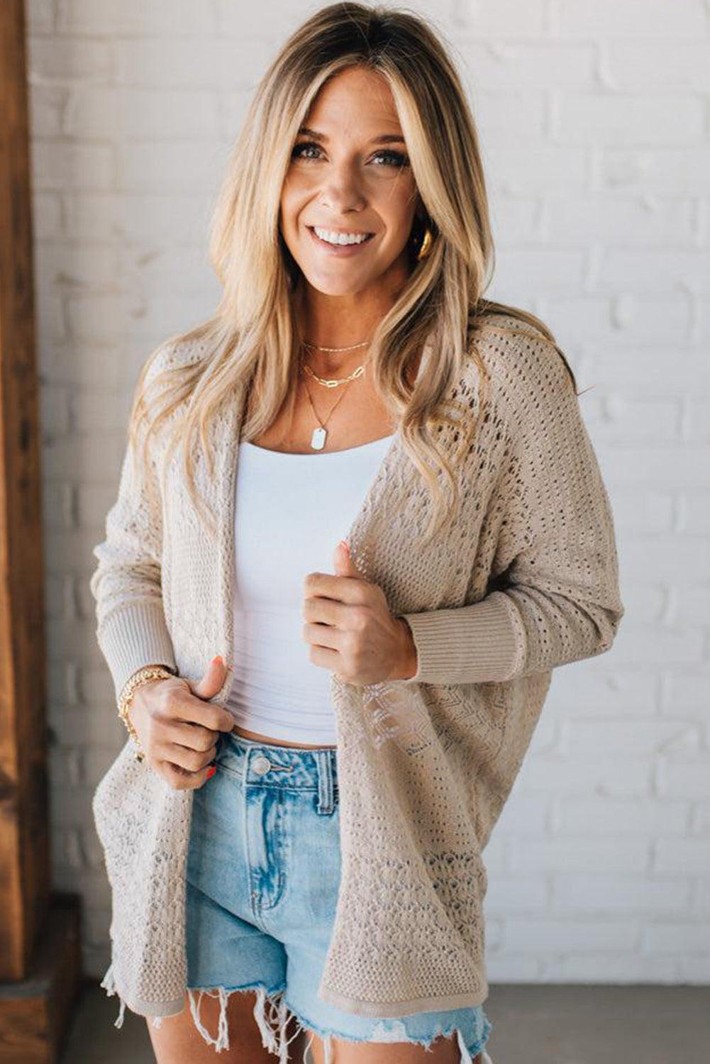 Redwood Burl Mix Pattern Hollow Knit Open Front Cardigan
