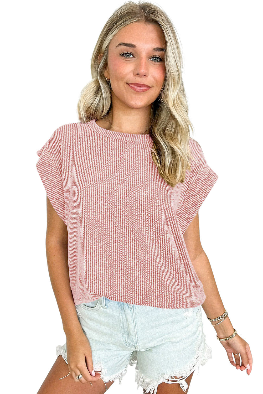 Gray Twisted Ribbed Textured Plain T Shirt