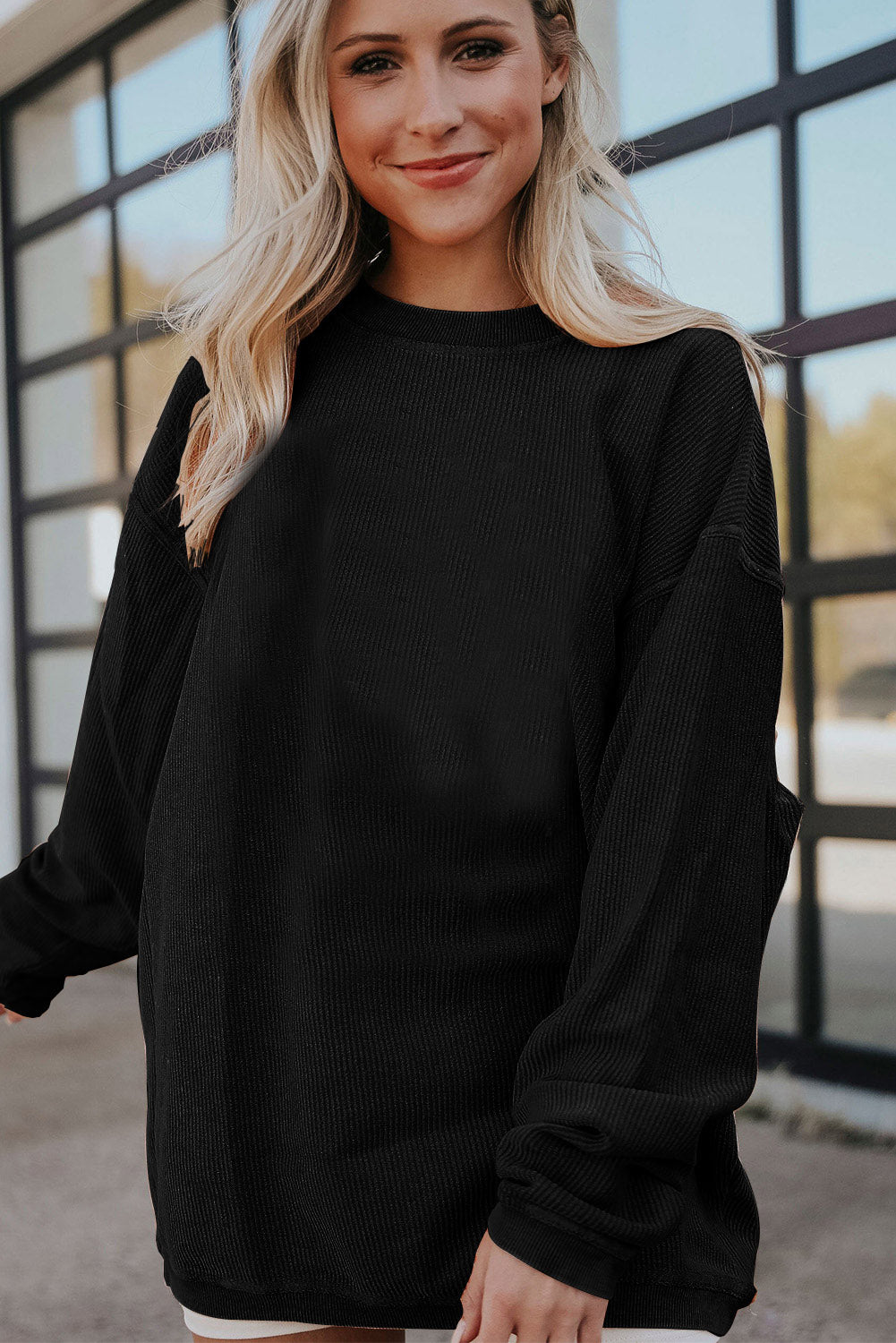 Dark Grey Drop Sleeve Rib Knit Oversized Sweatshirt