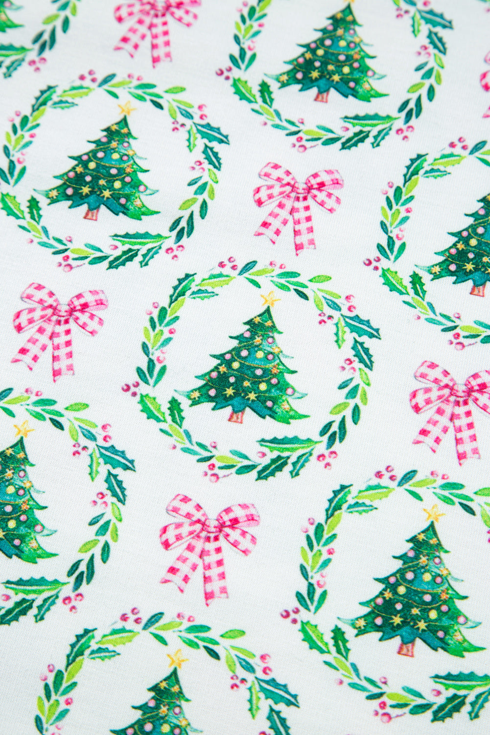 Pink Christmas Tree Reindeer Print Contrast Striped Trim Pajama Set
