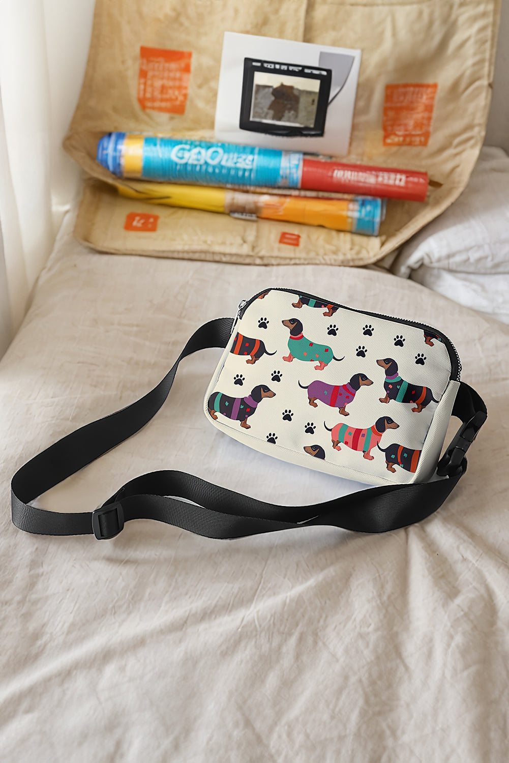 White Dachshund Walking Footprint Crossbody Bag