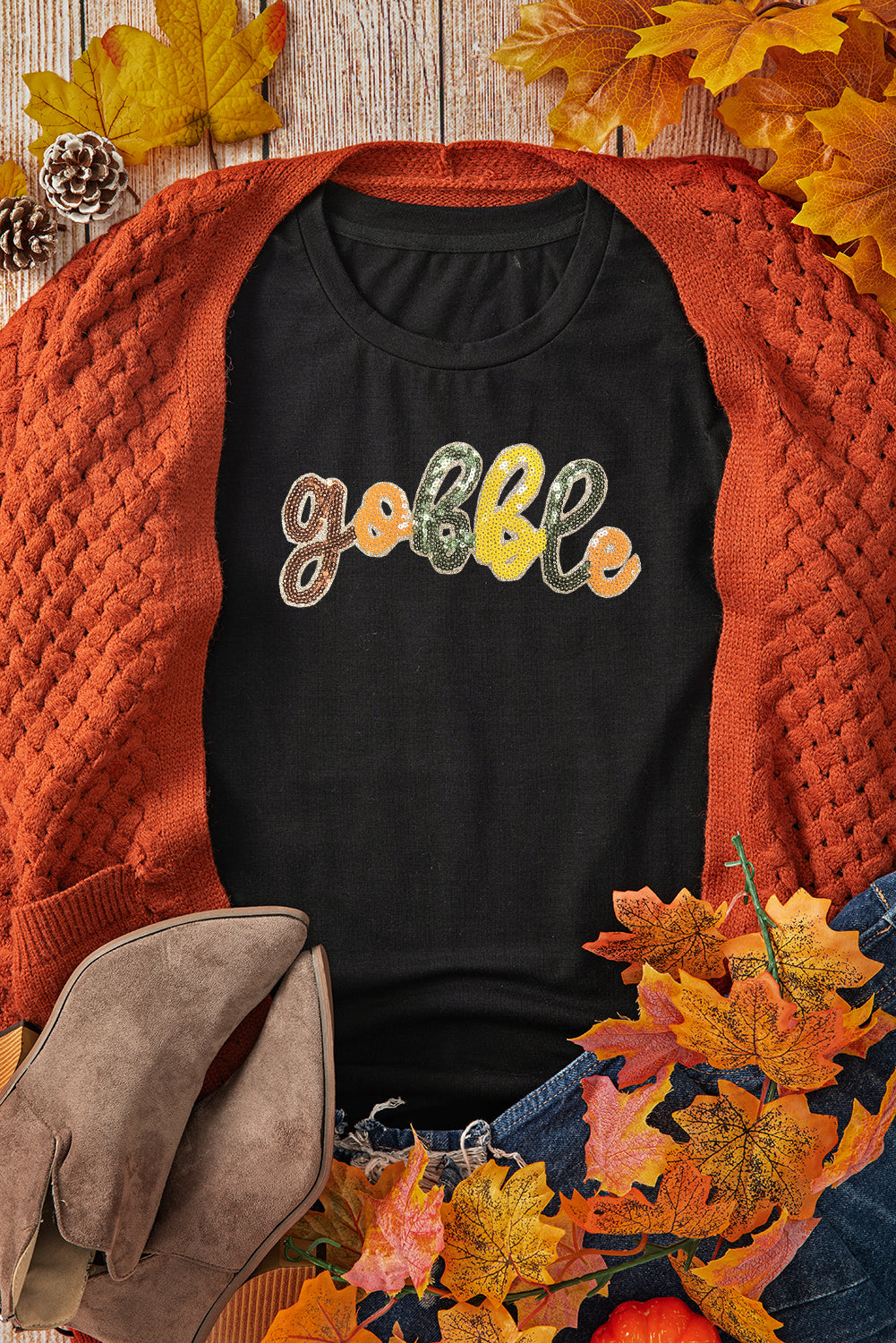 Black gobble Letter Sequins Patch Thanksgiving T Shirt