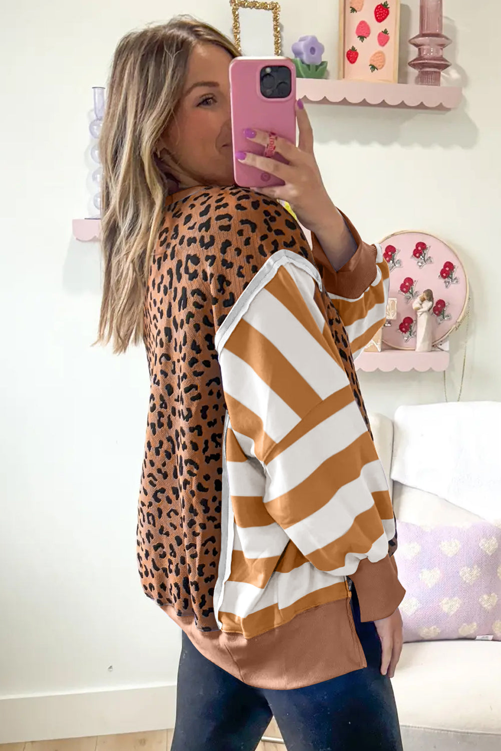 Purple Striped Leopard Colorblock Side Slits Sweatshirt