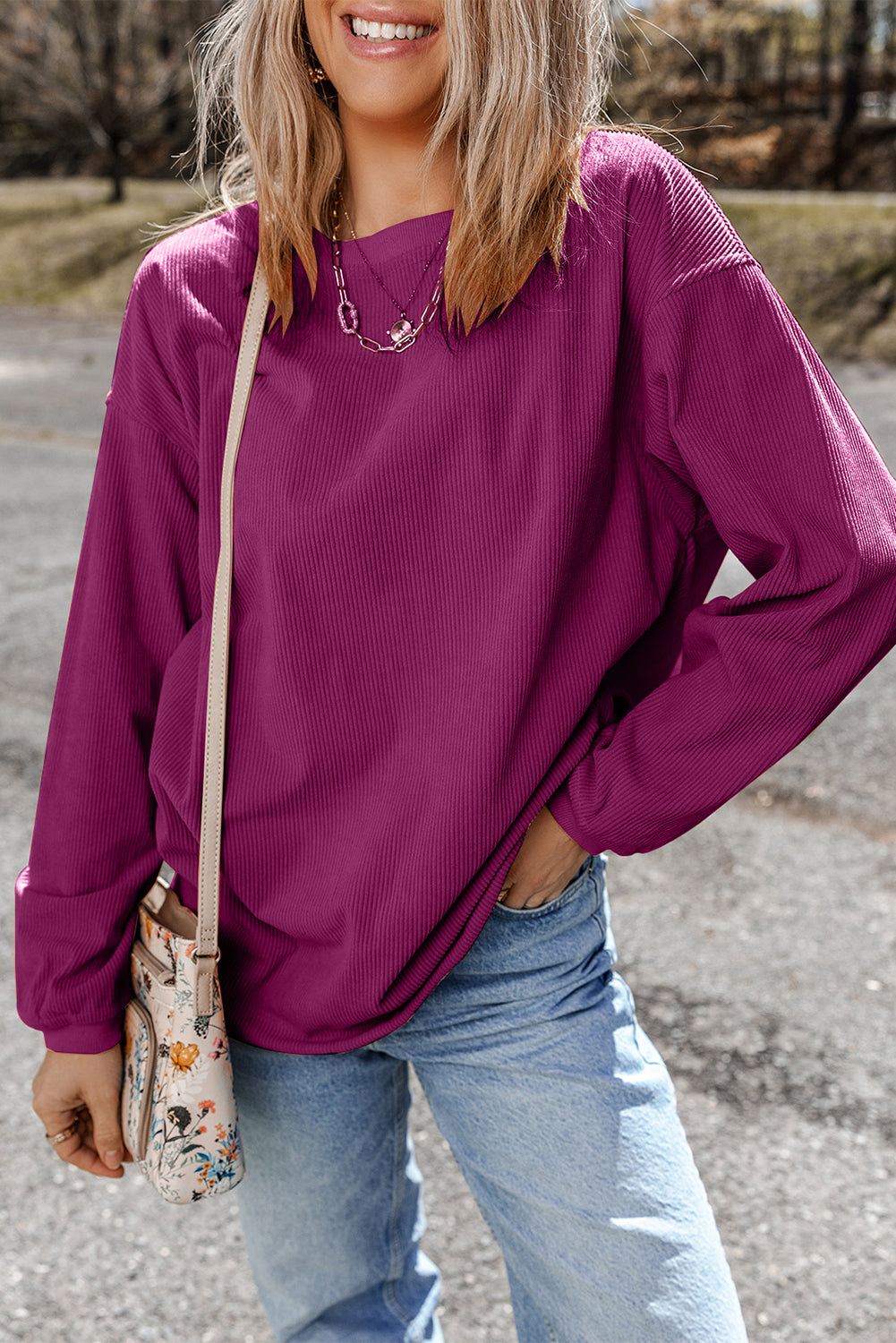 Dark Grey Drop Sleeve Rib Knit Oversized Sweatshirt